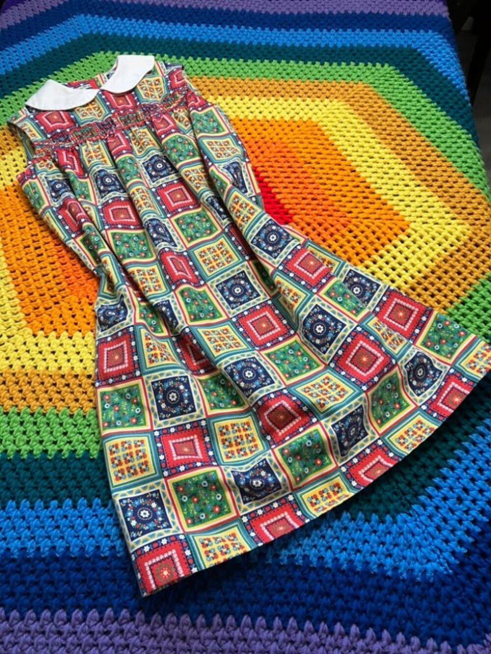 60's Vintage Phil Jacobs KC Red Rainbow Patchwork Marsha Brady Mini Dress